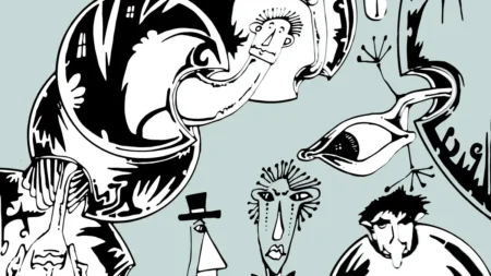 Disegno psichedelico bianco e nero su sfondo colore verde acqua chiaro con immagini di insegnanti genitori e figli tratto dalla rivista analisi psicologica