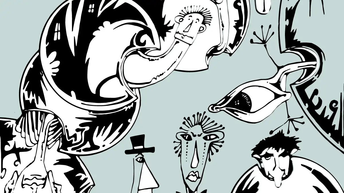 Disegno psichedelico bianco e nero su sfondo colore verde acqua chiaro con immagini di insegnanti genitori e figli tratto dalla rivista analisi psicologica