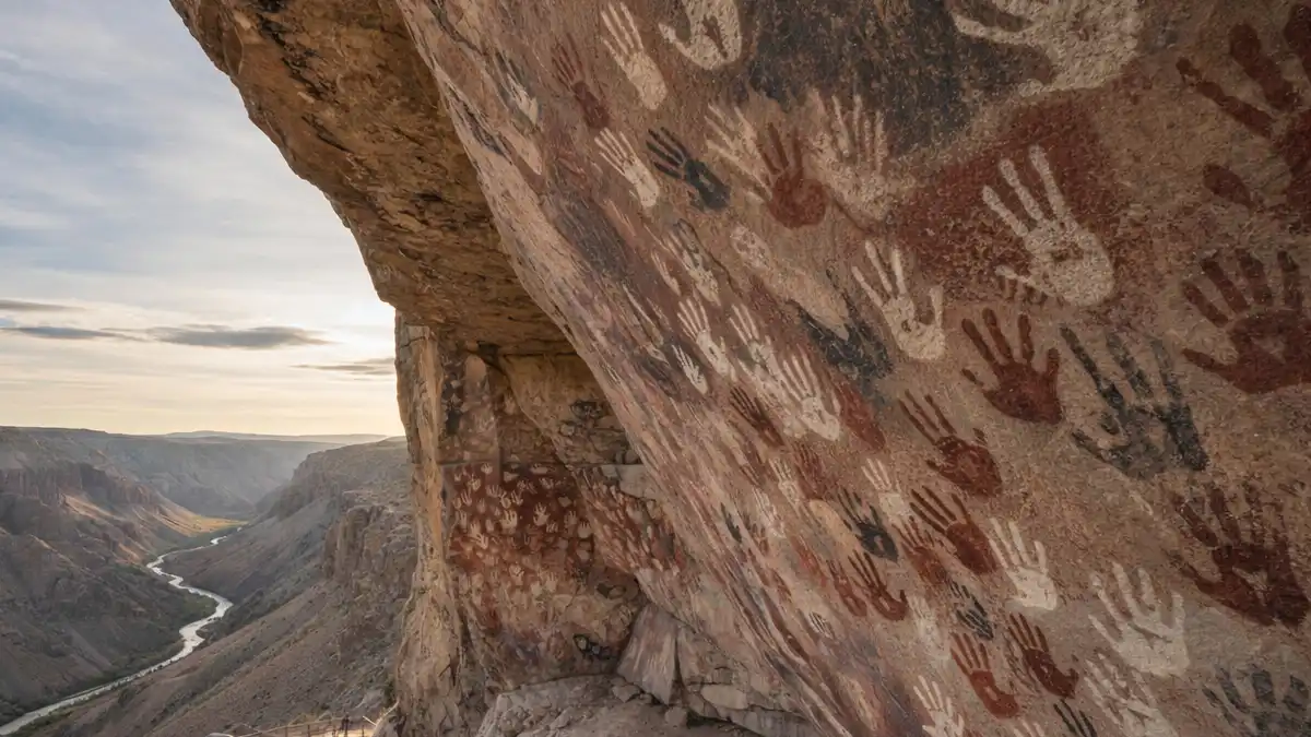 Una parete con le mani delle persone disegnate e uno scorcio di paesaggio sulla sinistra con una valle arida -Cueva de las Manos