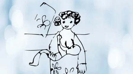 Disegno infantile su background azzurrino di una donna nell'allattamento materno